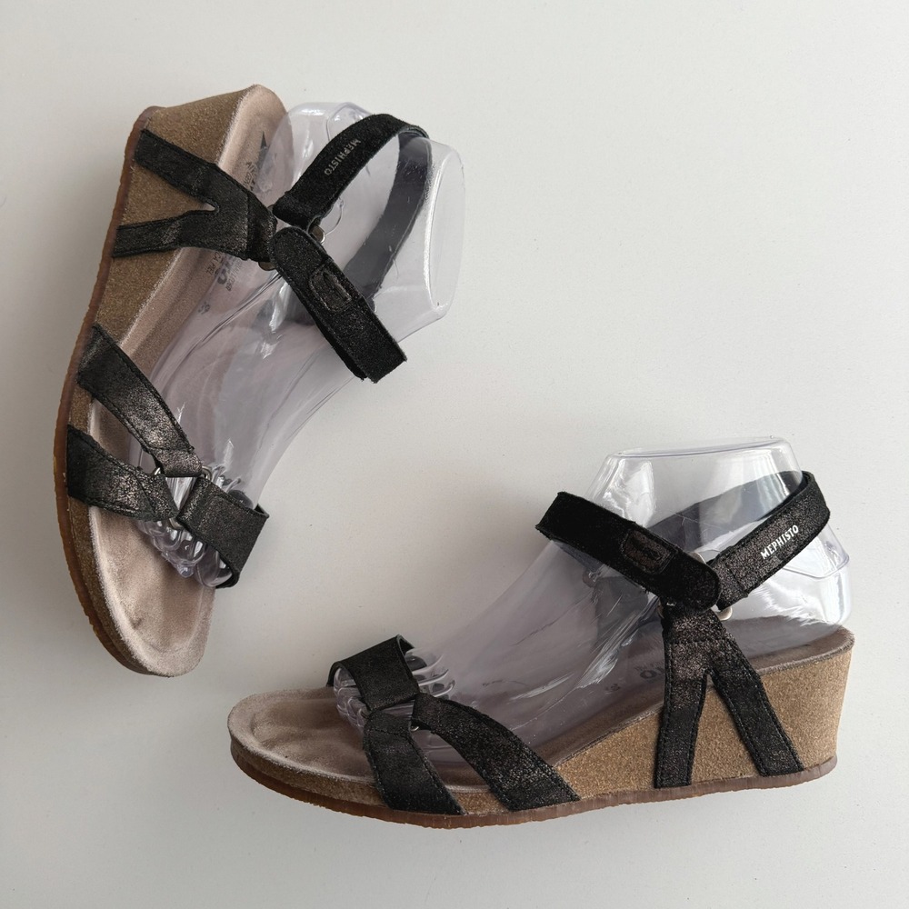 Mephisto Muguet Quarter Strap Wedge Black Metallic Cork Sandal Shoes EU 39 US 9